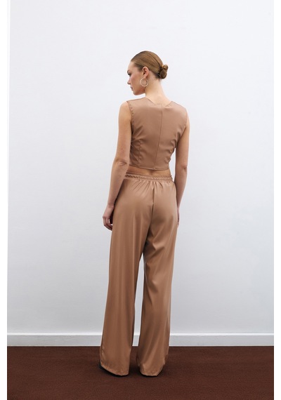 Sateen Kare Yaka Deri Crop - Bej-135671 Bej