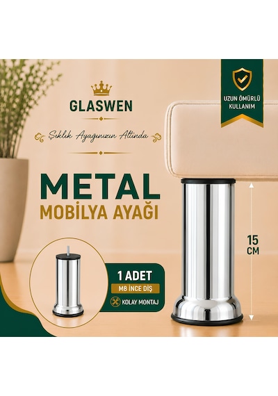Metal Destek Ayağı 15 Cm Krom Mobilya Kanepe Baza Koltuk Ünite Ayakları Metrik 8 Civatalı İnce Diş