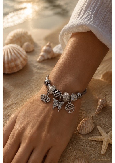 Stainless Steel Charm Taşlı Çelik Bileklik Gümüş