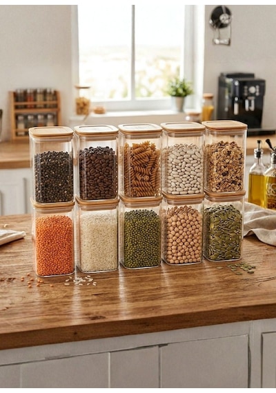 10 Lu Bambu Desenli Erzak Saklama Kabı Seti - Hava Almaz Sızdırmaz Vakumlu 1,65 L Bakliyat Şefaf Bambu