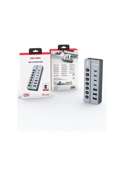 Ven-dens Vd-adp050 7 Portlu Usb Çoklayıcı Hub, 3 Usb-a Ve 4 Usb-c, 5 Gbps Veri Aktarımı, Gri
