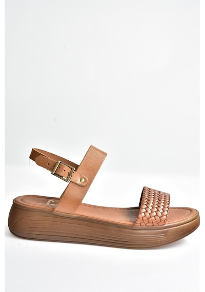 Fox Shoes Taba Hakiki Deri Örgü Modelli Günlük Kadın Sandalet