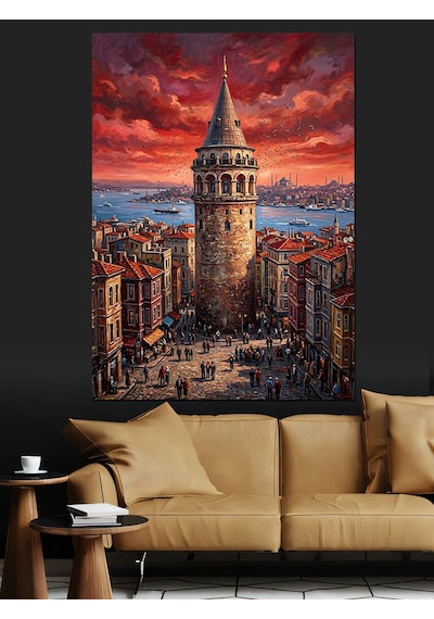 Kızıl Gökyüzünde Heybetli Galata Kulesi Dekoratif Kanvas - Mdf Ahşap Tablo