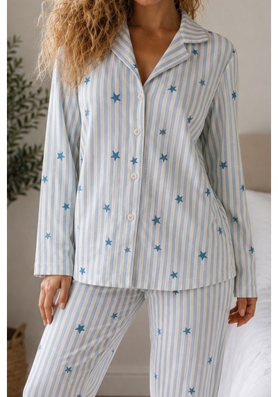 Kadın Örme Gömlek Yaka Mavi Pijama Takımı