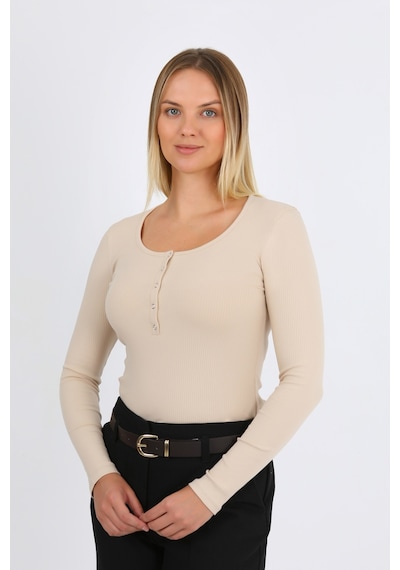 Hdm Kadın Bej Uzun Kollu Fitilli Patlı Çıtçıtlı Basic Örme Bluz - H6172