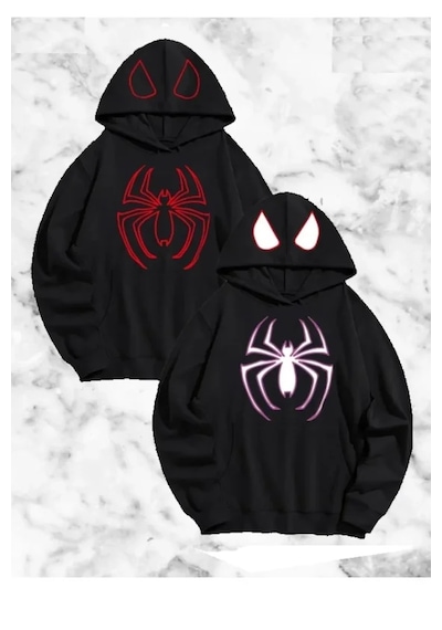 Modi Sevgili Çift Kombini Örümcek Baskılı Kapüşonlu Sweatshirt Hoodie - Siyah Açık Siyah