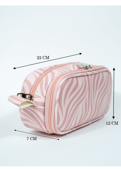 Kalem Kutusu Oval Tasarım İki Bölmeli Zebra Pembe Temalı Vegan Deri Kalemlik Onesize
