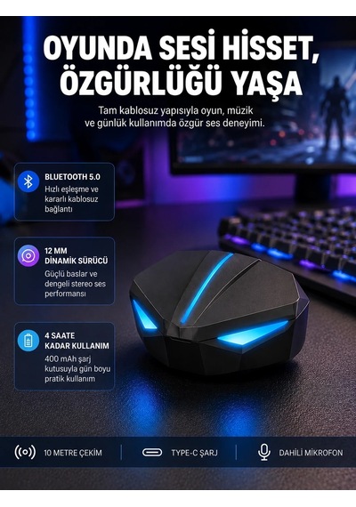 Ers Tam Kablosuz Kulaklığı 5.0 Bluetooth Led Kontrollü Yeni Nesil