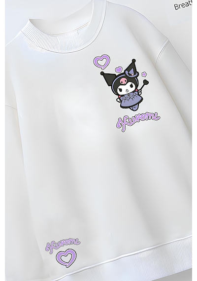 Tam Kalıp Oversize Kız Çocuk Pamuğa Pamuk 3 İplik Kumaş Karakter Kur Tasarım Sweatshirt Beyaz