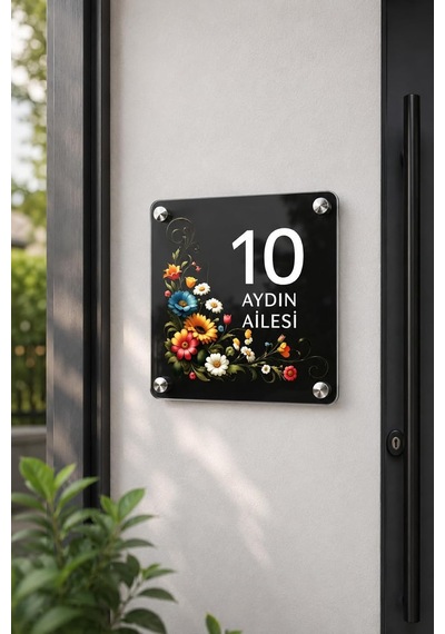 Kişiye Özel Pleksi Kapı İsimliği Modern &amp Lüks Uv Baskılı Dekoratif Kapı Numarası- Renkli Çiçekli, J Genel