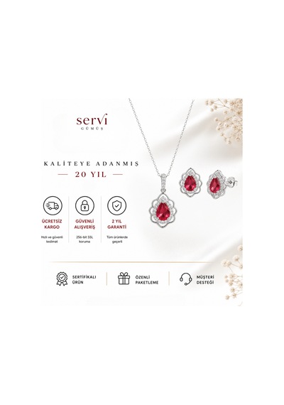 Servi 925 Ayar Gümüş Kırmızı Zirkon Taşlı Lotus Damla Kolye Ve Küpe Seti-473