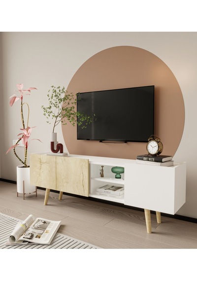 Milano Ahşap Ayaklı Modern Tv Ünitesi 160 Cm Safir Meşe - Beyaz