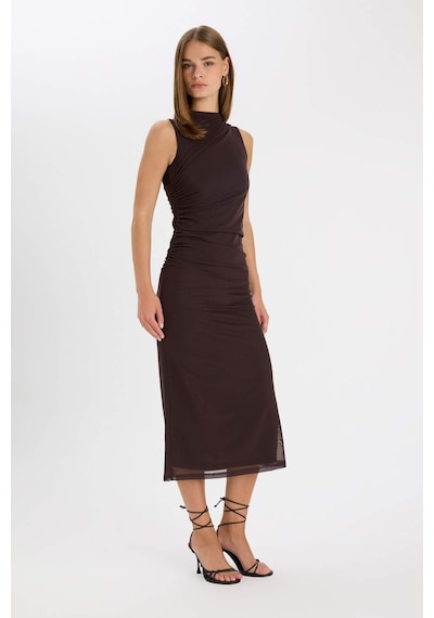 DeFacto Bodycon Vücudu Saran Yarım Balıkçı Yaka Basic Düz Tül Kolsuz Maxi Abiye Elbise C3519AX24AUBN539