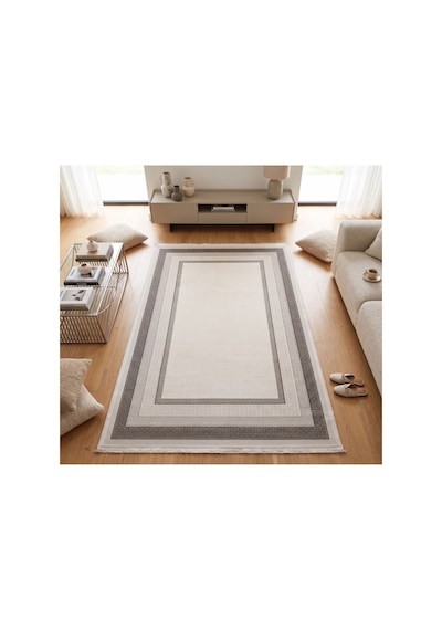 Merinos Vista Beyaz Renk Gri Çerçeveli %100 Akrilik Yumuşak Dokulu Salon Oturma Odası Halısı 76588-95