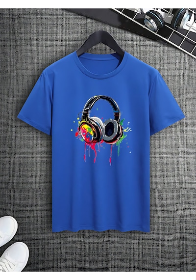 Kulaklık T-shirt - Baskılı Oversize Bisiklet Yaka Kısa Kol Tişört Lacivert