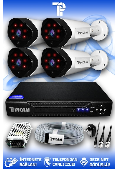 Picam 4 Kameralı Uzay 4 Dış Kamera Set HDD'siz Full HD Gece Görüşlü Güvenlik Kamerası Sistemi