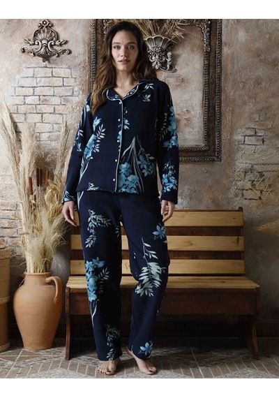 Sude Kadın Gömlek Önden Düğmeli Polar Desenli Pijama Takımı P200/1- 1 Adet 001
