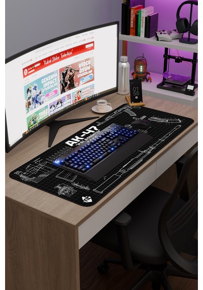 Ak 47 Siyah Kalaşnikov Cs Dikişli Kauçuk Oyuncu Mousepad - 90x40 Gaming Mouse Pad Ak-47