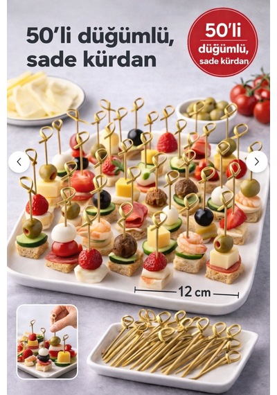 50 Li Pkt 12 Cm Kahve Düğümlü Bambu Kürdan Parti Sunum, Kokteyl, Kanepelik Doğal Servis Çubuğu