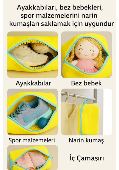 Ayakkabı Yıkama Çantası Özel Koruyucu Kumaş, Fermuarlı, Tekrar Kullanılabilir Büyük Boy Torba File Sarı