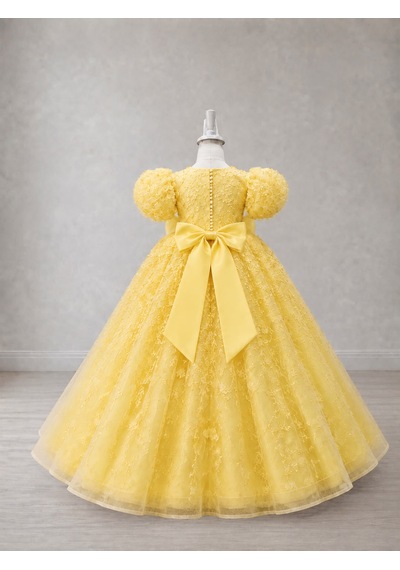 Star Kids Fashion Kız Çocuk Sarı Prenses Elbisesi Çiçek İşlemeli Kabarık Tül Uzun Abiye Doğum Günü Özel Gün Elbisesi