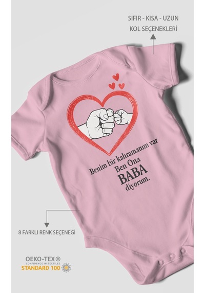 Benim Bir Kahramanım Varc Ben Ona Baba Diyorum Baskılı Bebek Zıbını Çıtçıtlı Body Kısa Kol Koyu Pembe