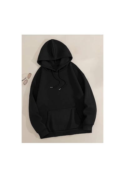 Medinenur Kelebek Desenli Kapüşonlu Cepli Sweatshirt Siyah