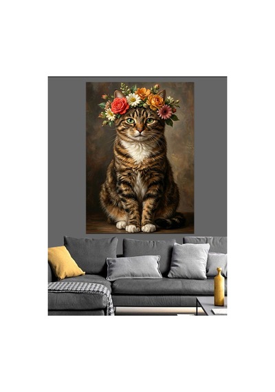 Çiçek Tacı Takmış Masum Kedi Portresi Yağlı Boya Dokulu Kanvas Tablo Canvas Tablosu