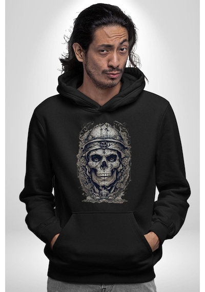 Kask Miğfer İskelet Asker Kadın Erkek Siyah Kapüşonlu Sweatshirt Hoodie Siyah