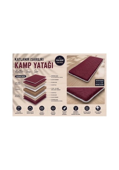Bordo Taşınabilir Katlanır Yatak Karavan Kamp Yatağı Anne Yanı Yer Yatağı 90 X 190 Bordo