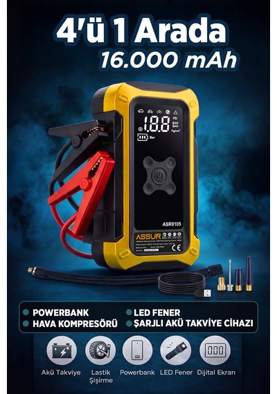 4'ü 1 Arada Dijital Göstergeli Powerbank Led Fener Hava Kompresörü Şarjlı Akü Takviye Cihazı-3274