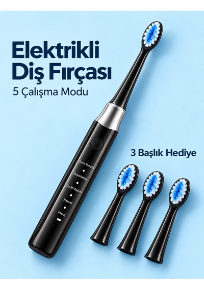 Değiştirilebilir Başlıklı Siyah Elektrikli Diş Fırçası 5 Mod Ve 3 Yedek Başlık - Lisinya