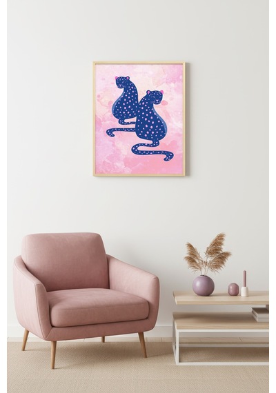 Doğal Ahşap Çerçeveli Retro Kedi Tablo - Nokta Desenli Pop Art Huhu2318