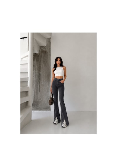 Kene Jeans Kar Siyah Ön Bacak Pens Yırtmaçlı Esnek İspanyol Paça Pantolon Kar Siyah