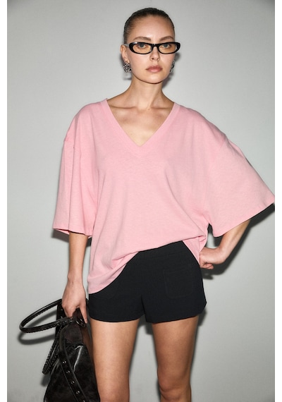 Grımelange Sylora Kadın Organik Pamuklu Keten Karışımlı V Yakalı Rahat Kalıp Pembe T-shirt Grımelange Sylora Kadın Organik Pamuklu Keten Karışımlı V Yakalı Rahat Kalıp Pembe T-shirt