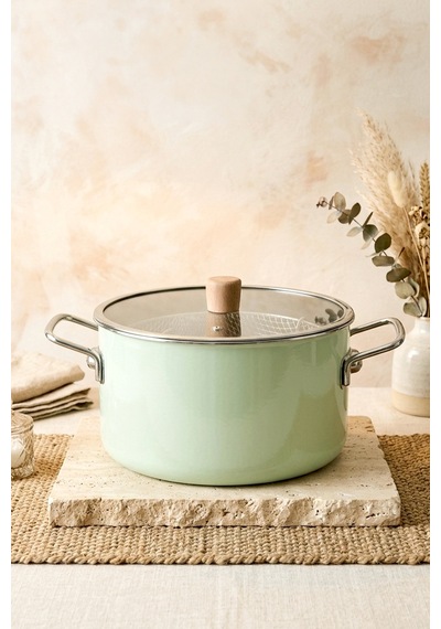 Titan Cook Ahşap Kulplu,paslanmaz Saplı Su Yeşili Süzgeçli Emaye Kızartma Tenceresi 22 Cm Su Yeşili