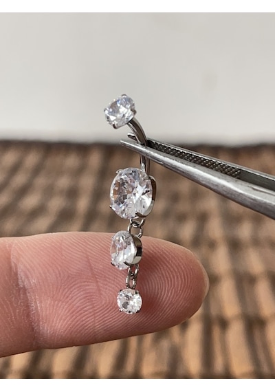 Yüksek Kalite G23 Titanium 3 Daire Sallantı Zirkon Titanyum Göbek Piercing Gümüş