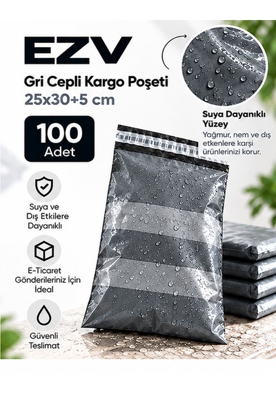 Gri Cepli Kargo Poşeti 25x30+5 Cm 100 Adet