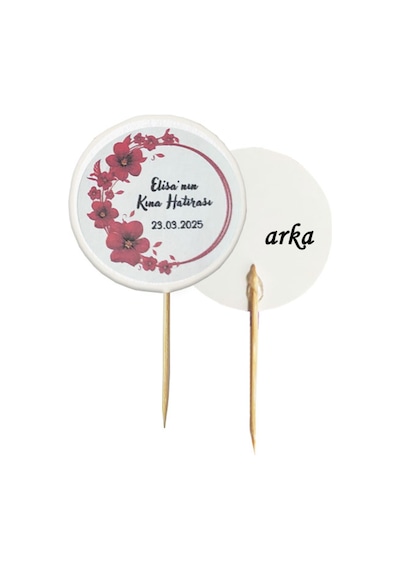 20 Adet Kişiye Özel Yuvarlak Bayraklı Baskılı Kına Hatırası Pasta Kürdanı 6,5 Cm -4