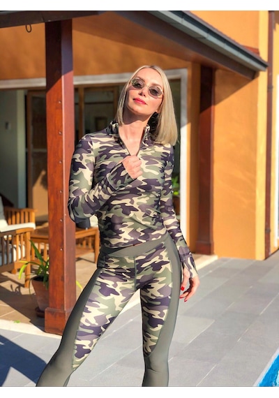Lismina Haki Kamuflaj Parmağa Geçmeli Fermuarlı Uzun Kol Spor Bluz