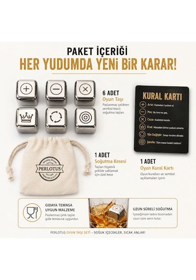 Perlotus Paslanmaz Çelik Viski Taşı Ve Kadeh Oyunu Seti - 6'lı Lazer Kazımalı Karar Zarı Gri