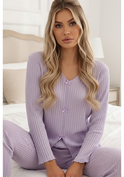 Siyah İnci Fitilli Kaşkorse Uzun Kollu Pijama Takım 7937 Lila