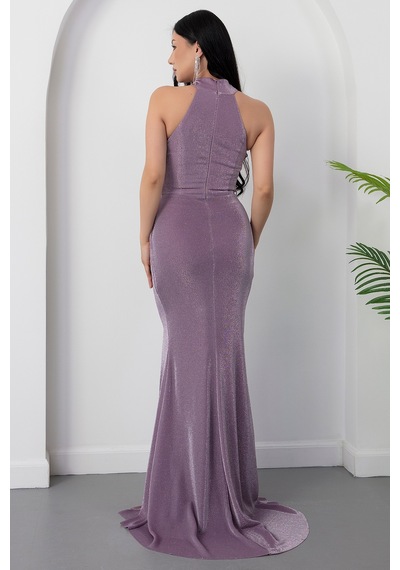Kalopya Halter Yaka Yırtmaçlı Simli Elbise Drp0013 Lila