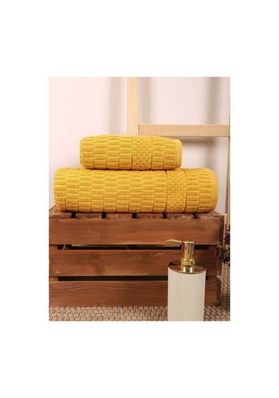 2 Parça Banyo Havlu Takımı & 37 100 Pamuklu Çubuk Desen Sarı Sarı
