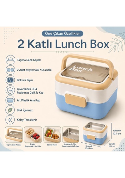 2 Katlı Lunch Box, 304 Paslanmaz Çelik Bölmeli Beslenme Kutusu,mavi Çok Renkli
