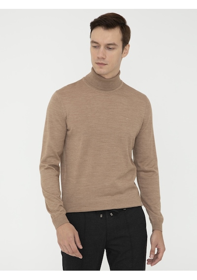Cacharel Camel Slim Fit Balıkçı Yaka Basic Triko Kazak Kahverengi