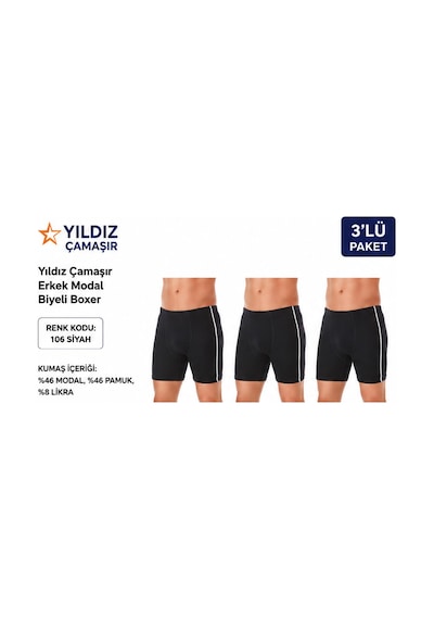 Yıldız Çamaşır Erkek Modal Biyeli Boxer 105-106-107-108-109 - 3 Adet Siyah