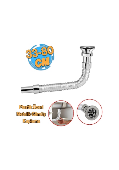 Klasik Standart Lavabo Evye Sifonu Uzun Plastik Körüklü Kıvrılabilir 33-80 Cm Uzayabilir Krom Renk Çok Renkli