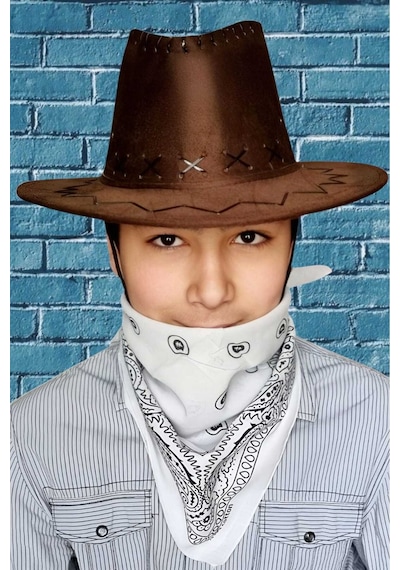 Uniquetrenders Çocuk Unisex Bandanalı Nubuk Kovboy Şapkası 8-14 Yaş Kahverengi 1
