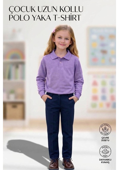 Erdem Kıds Unisex Kız Erkek Çocuk Polo Yaka Pamuklu Uzun Kol Lila Günlük Basic Okul Tişört Lila Lila